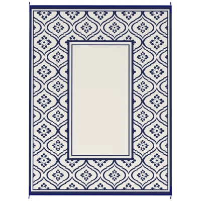 Outsunny 9' x 12' Outdoor RV Rug, Reversible Patio Floor Mat with Carry Bag, Gourd Border, Blue and White