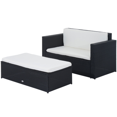 Outsunny 2 Pieces Wicker Patio Furniture Set with Double Ottoman, Outdoor PE Rattan Conversation Set with Loveseat and Two Seat Ottoman, Cream White