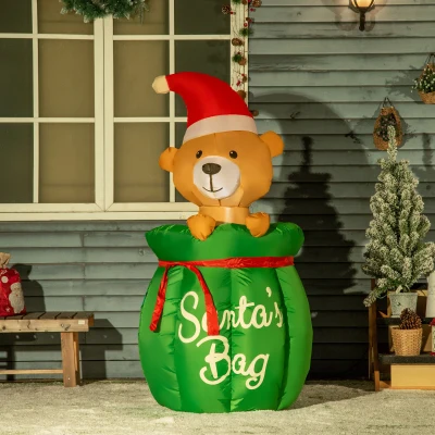 HOMCOM 4.5 ft. Christmas Inflatable Bear in Santa Bag, LED