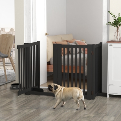 PawHut 4 Panel Free Standing Wooden Pet Gate with Open Door Black