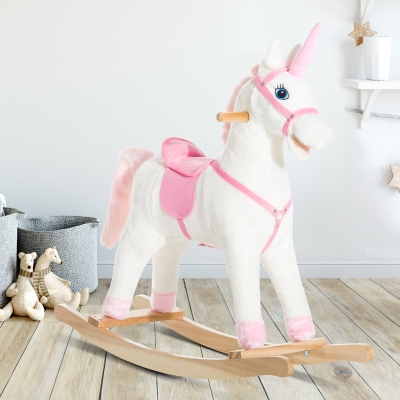 Qaba Kids Plush Toy Rocking Horse Unicorn with Realistic Sounds, White & Pink
