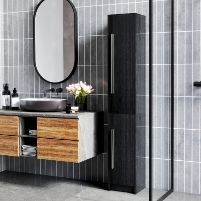 HOMCOM Freestanding Tall Bathroom Storage Cabinet with Adjustable Shelves, Bathroom Organizer, Black Wood Grain