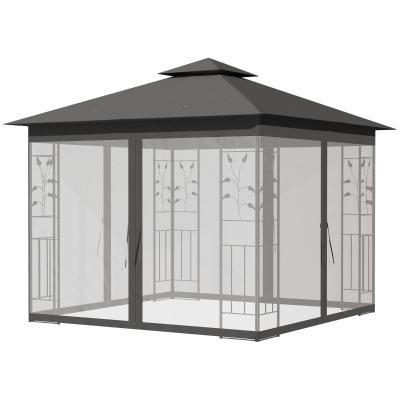 Outsunny 10'x10' Soft-top Steel Patio Gazebo Outdoor Sun Shelter with 2-Tier Polyester Roof, Curtain Sidewalls, Grey