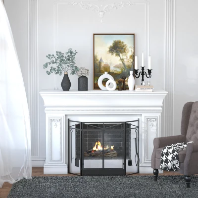 HOMCOM 3-Panel Folding Fireplace Screen with Tools Set, Black