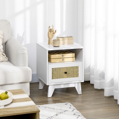HOMCOM Bedside Table with Rattan Element, Side End Table with Drawer and Shelf, 17.7"x15.4"x22.2", White