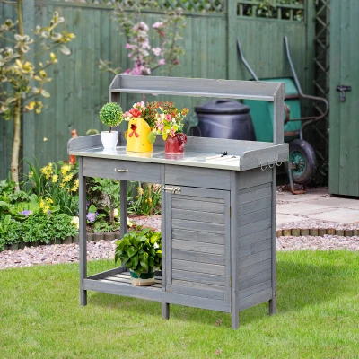 Outsunny Outdoor Potting Bench Table with Storage Cabinet, Gray