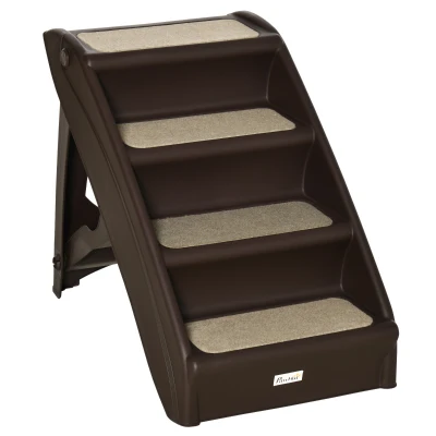 PawHut 4-Level Portable Pet Stairs, Foldable Dog Ramp, Lightweight Cat Steps, with Nonslip Soft Mats, for High Bed, Sofa, Up to 44 lbs, Dark Brown
