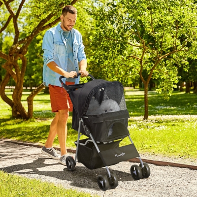 PawHut Dog Stroller, One-click Folding Pet Stroller with Cup Holder, 4 Wheels Travel Carrier w/ Brakes, 360° Swiveling Front Wheels, Storage Basket, for XS/Small Dogs Cats, Black