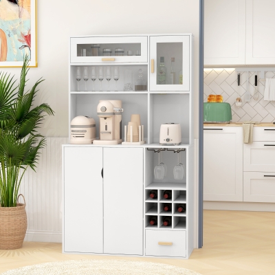 HOMCOM Coffee Bar Cabinet, Kitchen Hutch with Wine Storage, Microwave Countertop, Drawer and Tempered Glass Doors, White