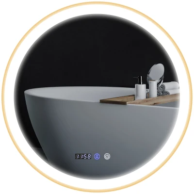 HOMCOM 28" Round Bathroom Mirror with LED Lights, Wall Mounted Vanity Mirror with Anti-Fog Pad, Time and Temp Display, Gold