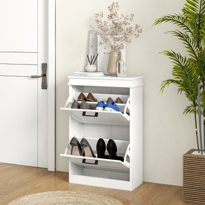 HOMCOM Shoe Storage Cabinet with 2 Flip Drawers and Adjustable Shelves, Narrow Shoe Cabinet for 10 Pairs of Shoes, White