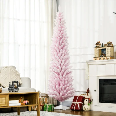 HOMCOM 7' Pink Snow Flocked Artificial Christmas Tree, Pencil Shape
