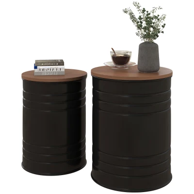 HOMCOM Round Side Table Set of 2, Nesting Coffee Tables w/ Wooden Lid, Metal Frame and Hidden Storage Space for Bedroom, Black