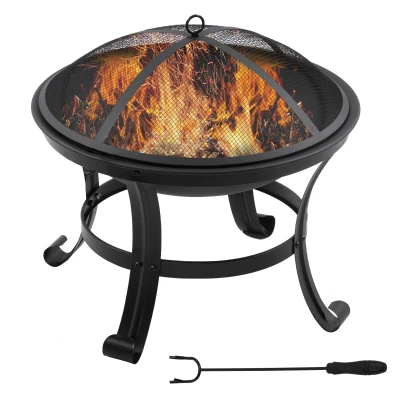 Outsunny Outdoor Fire Pit, Firepit with Mesh Lid, Poker, for Camping, Bonfire, Picnic, Black