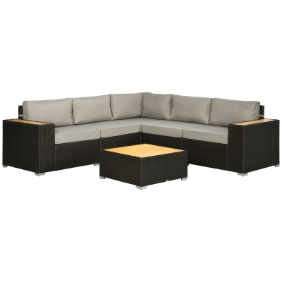 Outsunny 6 Pieces Outdoor Rattan Patio Furniture Set with Corner Sofa, Wood-Plastic Coffee Table, Light Grey