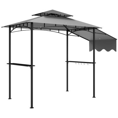 Outsunny 8' x 5' Grill Gazebo, Double Tiered Barbecue Grill Gazebo Shelter with Side Awning, 2 Side Shelves, 6 Hooks, Light Grey