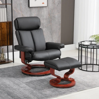 HOMCOM Black Swivel Recliner Chair with Ottoman and Wood Base