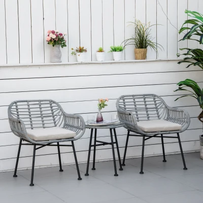 Outsunny 3-Piece Wicker Bistro Set, Cream White Patio Furniture