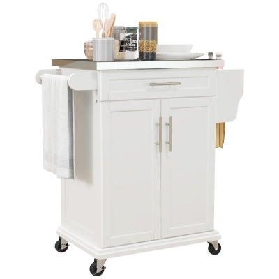 HOMCOM Rolling Kitchen Island with Storage, Stainless Steel Top, White