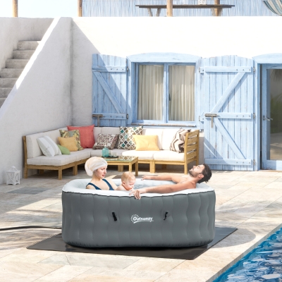 Outsunny 4-6 Person Inflatable Portable Hot Tub Outdoor Square Heated Spa with 108 Jets, Pump, Cover, Filter Cartridges, Grey