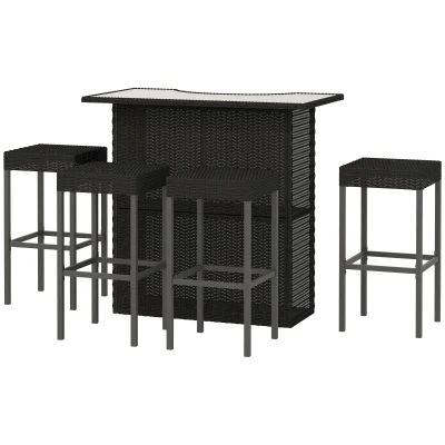 Outsunny 5 Pieces Patio Bar Set, Outdoor PE Rattan Wicker High Top Outdoor Table and Chairs Outdoor Bar Set with Tempered Glass Top Bar Table and Shelves, 4 Bar Chairs, Black