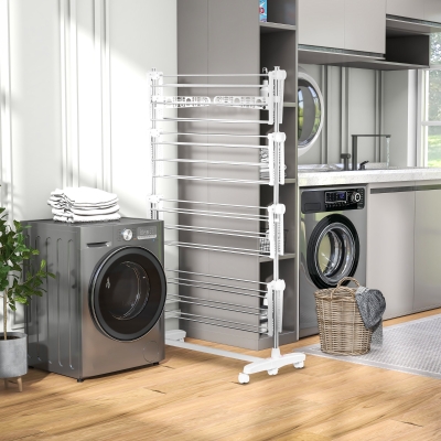 HOMCOM Garment Drying Rack Stainless Steel Folding Clothes Hanging Rack with Side Wings Castors for Indoor Outdoor White
