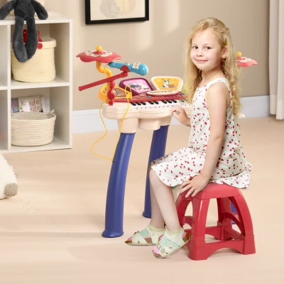 Qaba 2-in-1 Kids Piano Drum Set with Microphone & Stool