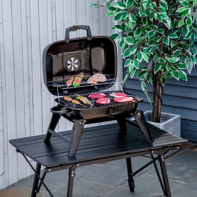 Outsunny 23" Portable Tabletop Steel Charcoal Grill Foldable Outdoor BBQ Camping Picnic Cooker Barbecue Smoker with Air Vent Black