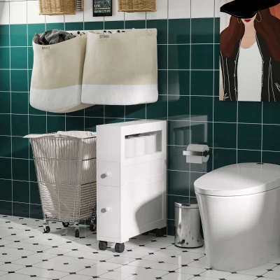 HOMCOM Wood Rolling Bathroom Storage Cabinet, Narrow, White
