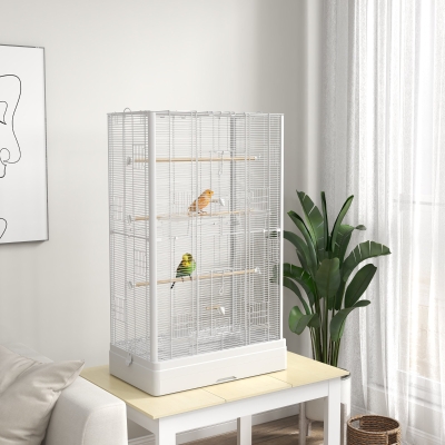 PawHut 39" Bird Cage for Budgie Finches Canaries Love Birds with Wooden Stands, Slide-Out Tray, Handles, Food Containers, White