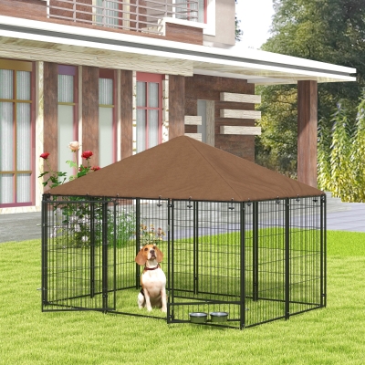 PawHut 6.9' x 4.6' x 5' Outdoor Dog Kennel with Canopy, Rotating Bowls, Coffee