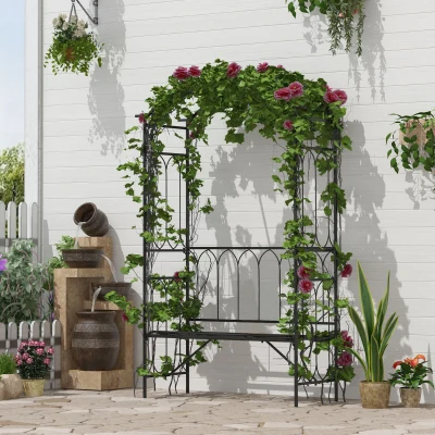 Outsunny Metal Arbor Arch with Bench, Black, 484 lbs Capacity