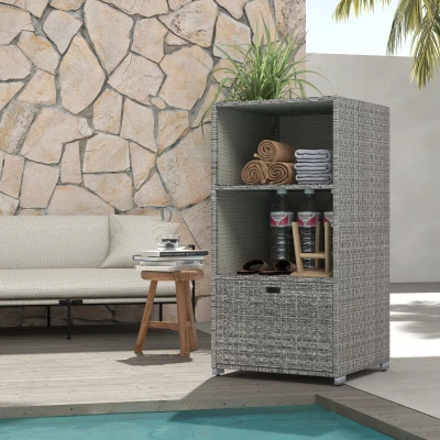Outsunny PE Rattan Towel Rack with 2 Storage Shelves, Gray