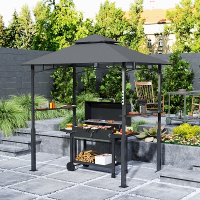 Outsunny 8' x 5' Grill Gazebo, Double Tiered BBQ Gazebo with LED Light, 2 Side Shelves, Hooks and Bottle Opener, Dark Grey