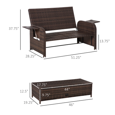 Outsunny 2 Seater Patio Wicker Lounge Sofa Set, Outdoor PE
