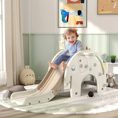 Qaba 3-in-1 Toddler Slide with Basketball Hoop, Elephant Theme