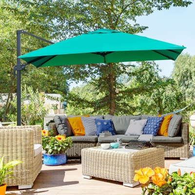 Outsunny 10x10ft Cantilever Umbrella with 4 Adjustable Angle and Rotation, Square Top Market Parasol with Aluminum Pole and Ribs for Backyard Patio Outdoor Area, Green