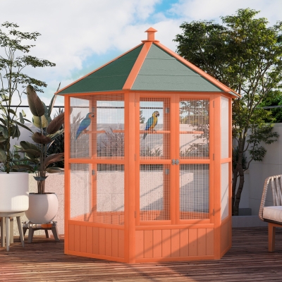 PawHut 70"H Wooden Bird Cage Hexagonal Outdoor Aviary with Doors