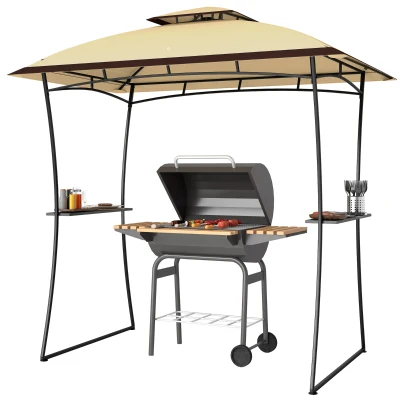 Outsunny 8' x 5' Outdoor Grill Gazebo, Double Tiered Barbecue Grill Gazebo Shelter with 2 Side Shelves and Hook, Beige