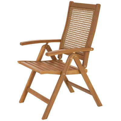 Outsunny Outdoor Folding Chair with Adjustable Back, Wood Foldable Dining Chair with Slatted Seat, Armrest, Teak
