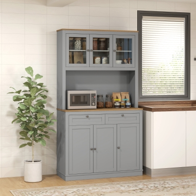 HOMCOM 71" Pantry Cabinet with Microwave Space, Buffet with Hutch, 2 Drawers, Adjustable Shelves and Glass Doors, Grey