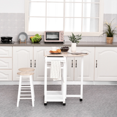 HOMCOM Kitchen Trolley 3 Piece Kitchen Cart Set Drop Leaf Breakfast Table and 2 Stools w/ Rolling Wheels & Towel Bars, Wood & White