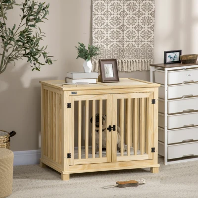 PawHut Wooden Dog Crate End Table with Cushion, Double Doors