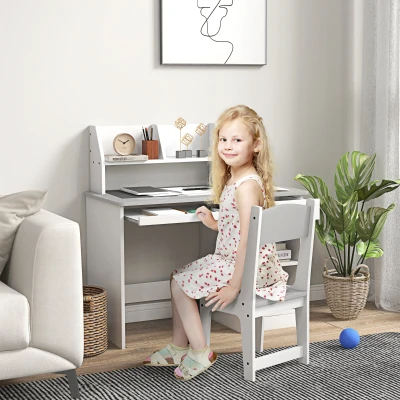 Qaba Kids Desk and Chair Set with Storage, Gray