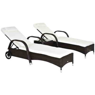 Outsunny 3 Pieces Wicker Patio Lounger Set with Table, PE Rattan Outdoor Lounge Chair Set with Cushions, Wheels, 5-Level Reclining Backrest, Headrest, Brown/Cream