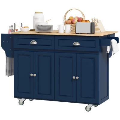 HOMCOM Kitchen Island with Storage, Rolling Kitchen Island with Drop Leaf, Rubber Wood Top and Adjustable Shelves, Navy Blue