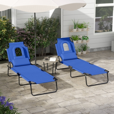 Outsunny 2PCS Adjustable Outdoor Lounge Chair, Garden Folding Chaise Lounge with Face Hole Reclining Tanning Chair Seat, Folding Camping Beach Lounging Bed w/ Head Support Blue