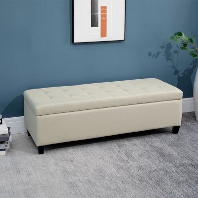 HOMCOM Rectangular Entry Bench, Tufted Upholstered Linen Fabric Wood Feet Storage Ottoman Bench, Beige