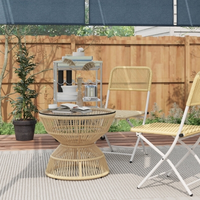 Outsunny Rattan Outdoor Coffee Table, Patio End Table with Tempered Glass Tabletop & Steel Frame, Wicker Furniture, Nature Wood