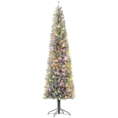 HOMCOM 9ft Prelit Pencil Artificial Christmas Tree, Flocked Xmas Tree with Remote, Dual Colour LEDs, 895 Tips, Metal Stand
